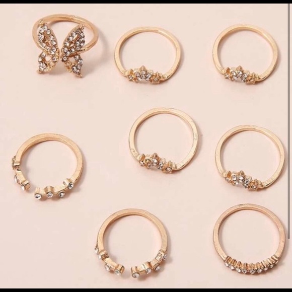 GOLD 8pc Butterfly Rhinestone Ring Set - Picture 2 of 2